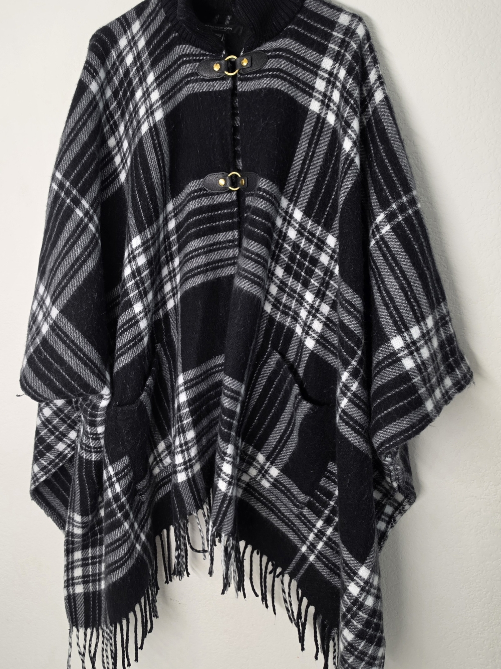 Marc New York Black & White Plaid Fringe Cape